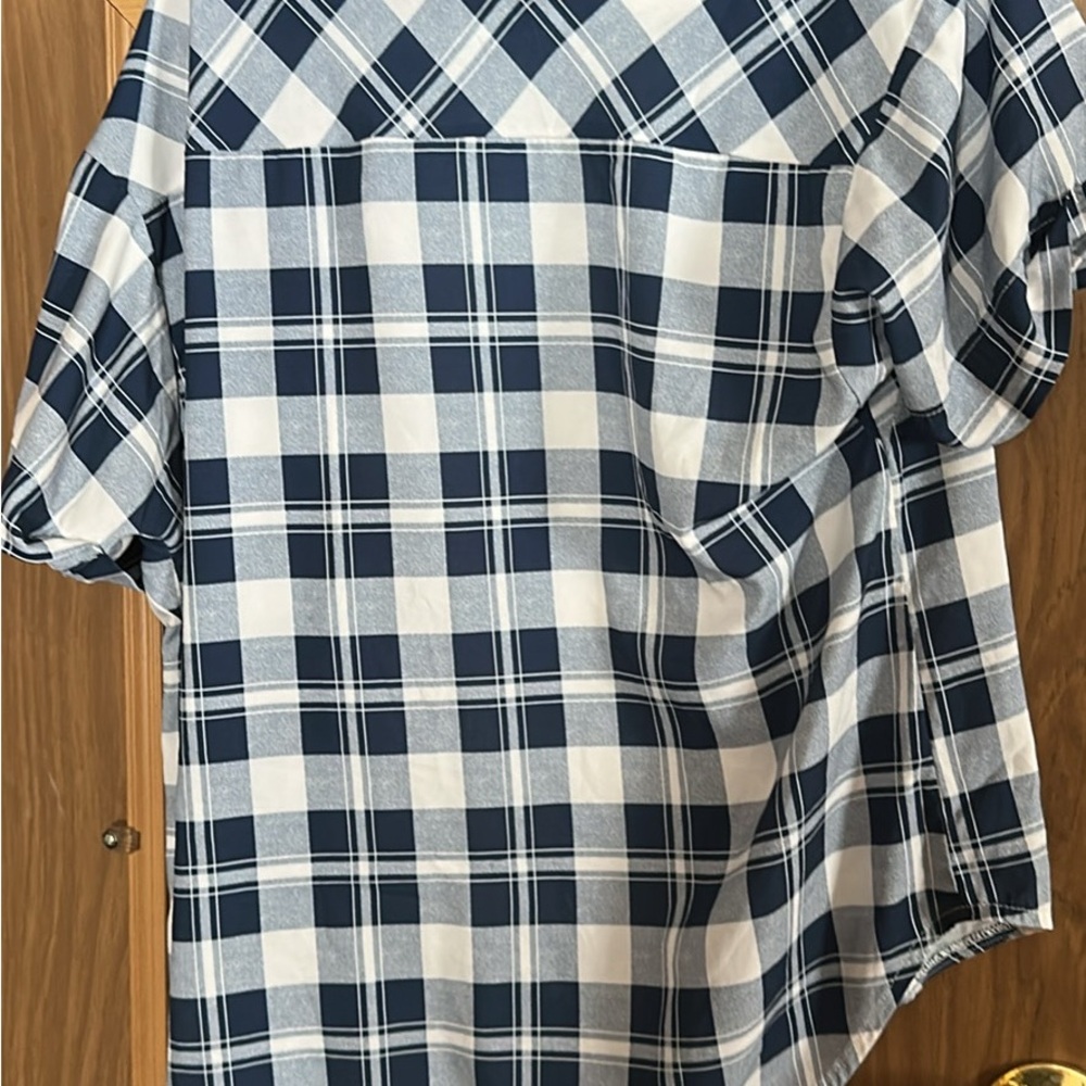 Amazon Women's Blue and White Plaid Button Down Shirt